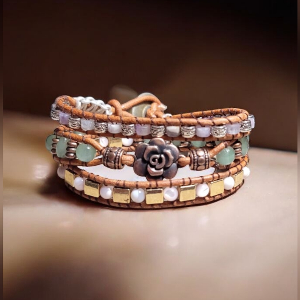 Amethyst and pearl triple wrap bracelet